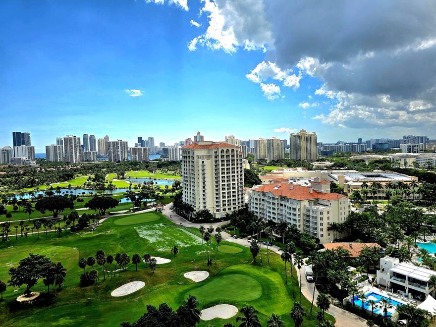BREATHTAKING VIEW OF THE PRESTIGIOUS TURNBERRY GOLF COURSE AND LAKES ALONG WITH A GLIMPSE OF THE OCEAN FROM YOUR BALCONY. THIS UNIT HAS BEEN REMODELED WITH GEORGEOUS TILE AND CARPET. BATHROOM WAS ALSO REDONE. 24 HOUR GUARD GATE COVERED PARKING, LOVELY POOL, EXERCISE ROOM, MINUTES FROM MAJOR HIGHWAYS, BEACH, STORES, CASINOS, RESTAURANT. COURTESY BUS TO THE MALL., BRIGHTLINE TRAIN. ALL AGES WELCOME.