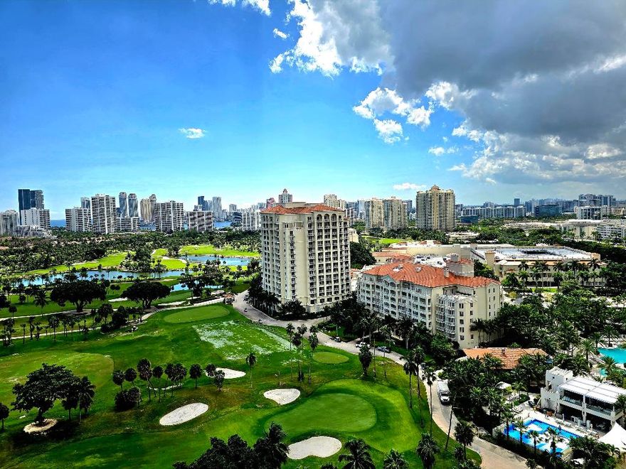 BREATHTAKING VIEW OF THE PRESTIGIOUS TURNBERRY GOLF COURSE AND LAKES ALONG WITH A GLIMPSE OF THE OCEAN FROM YOUR BALCONY. THIS UNIT HAS BEEN REMODELED WITH GEORGEOUS TILE AND CARPET. BATHROOM WAS ALSO REDONE. 24 HOUR GUARD GATE COVERED PARKING, LOVELY POOL, EXERCISE ROOM, MINUTES FROM MAJOR HIGHWAYS, BEACH, STORES, CASINOS, RESTAURANT. COURTESY BUS TO THE MALL., BRIGHTLINE TRAIN. ALL AGES WELCOME.