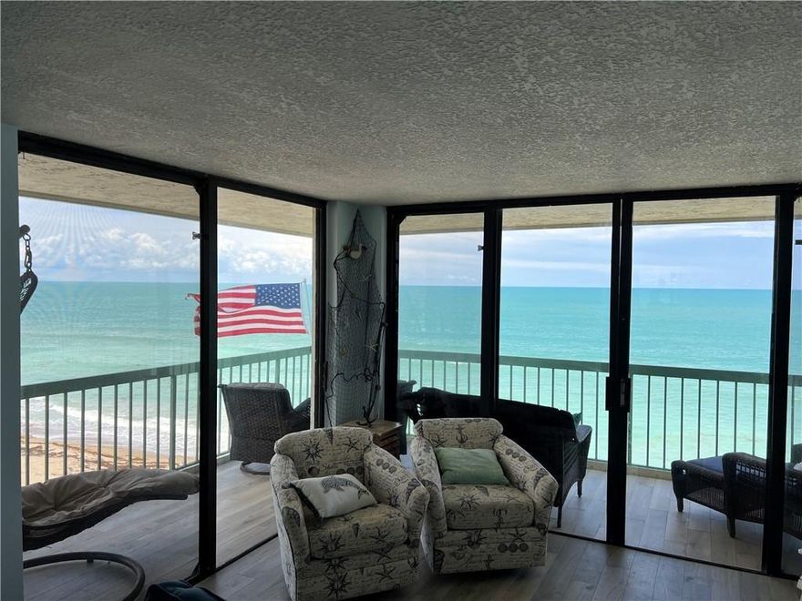 Direct Oceanfront Corner Unit with Wraparound Balcony to allow for Sunrise and Sunsets. Fully Furnished Seasonal rental. 3 month mininum. Flexible dates from November through April. Remodeled throughout so you can get into Beach Mode with Class. Kitchen is decked out how you want it and offers views of the Indian River and Ocean. Top Quality Bathrooms in taste and updates. Tvs, beds, couchs, rugs, appliances, fixtures, washer, dryer and more give the pottery barn meets beach meets luxury. Walk next door to restaurant Shuckers or take a stroll down paradise on the beach. Gated Community. Water and Cable are included. Tenant responsible for electric. Two swimming pools, gym, walkway to beach. Clubhouse has kitchen and billiards room. Tennis & pickle ball courts, RV parking and carwash.