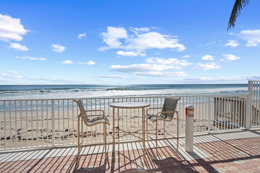 Welcome to coastal living at its finest with direct beach access! Nestled in the heart of South Palm Beach, this stunning condo offers an open and airy layout with southeastern exposure. The unit features three spacious bedrooms, including a primary ensuite, providing both comfort and style. Custom-fitted closets provide ample storage space, ensuring an organized and clutter-free home. The living area boasts recently remodeled and permitted bathrooms, updated electrical panel. new laminate flooring, lighting, fresh paint, and hurricane impact windows fitted with hurricane shutters on the patio for peace of mind. Kitchen is equipped with stainless steel appliances and roll-out shelving in the pantry fitted with real wood cabinetry. Professionally decorated, furnishings negotiable.