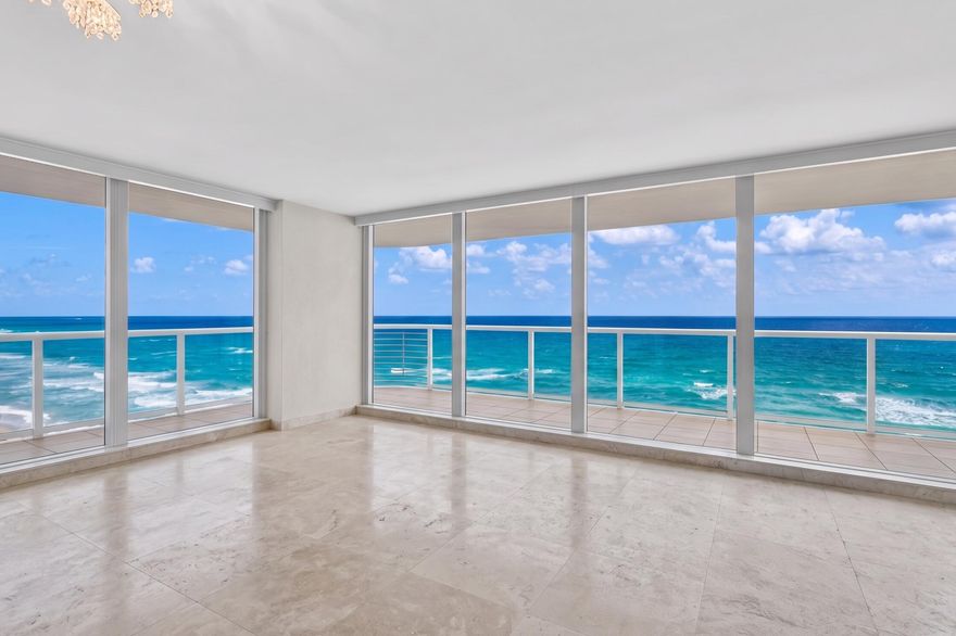 Experience elevated coastal living in this premier residence at the Villa Nova. Spanning an impressive 2,600 living sf, plus over 700 sf of wrap around balcony. This luxurious 14th-floor condo offers 2 spacious bedrooms and 2.5 bathrooms, thoughtfully designed for both comfort and sophistication. This exceptional unit showcases breathtaking, unobstructed ocean views through dramatic floor-to-ceiling windows, while also capturing stunning sunsets over the Intracoastal Waterway and twinkling city lights. The expansive layout is ideal for both relaxed living and elegant entertaining.   The primary suite is a true retreat, featuring a recently renovated bedroom and spa-inspired bathroom with refined, modern finishes. Additional highlights include two deeded garage parking spaces and an extraordinary bonus—three large, air-conditioned private storage rooms, a rare offering in oceanfront living. Villa Nova is an exclusive boutique building in Highland Beach, offering an intimate and refined lifestyle in one of South Florida's most coveted coastal communities. With only two residences per floor, a key-locked elevator opens directly into your home. This is luxury living at its finest.