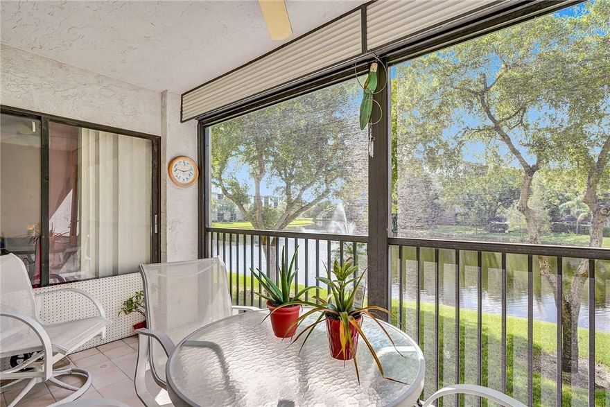 Beautifully appointed split floor plan condo. NEW A/C. NEW WATER HEATER. Screened in balcony overlooks the lake and fountain. Open kitchen with granite counter tops. Washer and dryer in unit. Pet friendly-1 dog or 1 cat. Well managed community with resort-like amenities: Pool, Barbeque, Clubhouse, Billiards Room, Card Room, and Fitness Center. Just off of Powerline. Close to dining, shopping and 20 minutes to FLL airport. Can lease after 2 years of ownership. See attachments for association information.