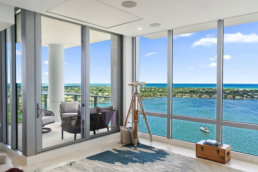 This "Tiffany Suite" is the largest property in Water Club, Phase I, North Palm Beach with four bedrooms, all en-suite, a den, and four terraces.  Enjoy sweeping sunrise views from the great room, dining, kitchen, and primary suite from the two East terraces, and sunset views from the two West terraces that serve the den, and two of the three guest suites.  There are only four Tiffany Suites in all of Water Club, and this is the only one that is currently for sale.  Water Club boasts the following world class amenities:  24/7 manned and gated security, concierge lobby services, underground parking with three assigned spaces for this property, AC storage, meeting spaces, 2 hotel guest suites, 2 community lounges, 2 fitness centers with steam and saunas, lap pool, two resort style pools,  pickleball court, BBQ areas, fire pits, and day dock.