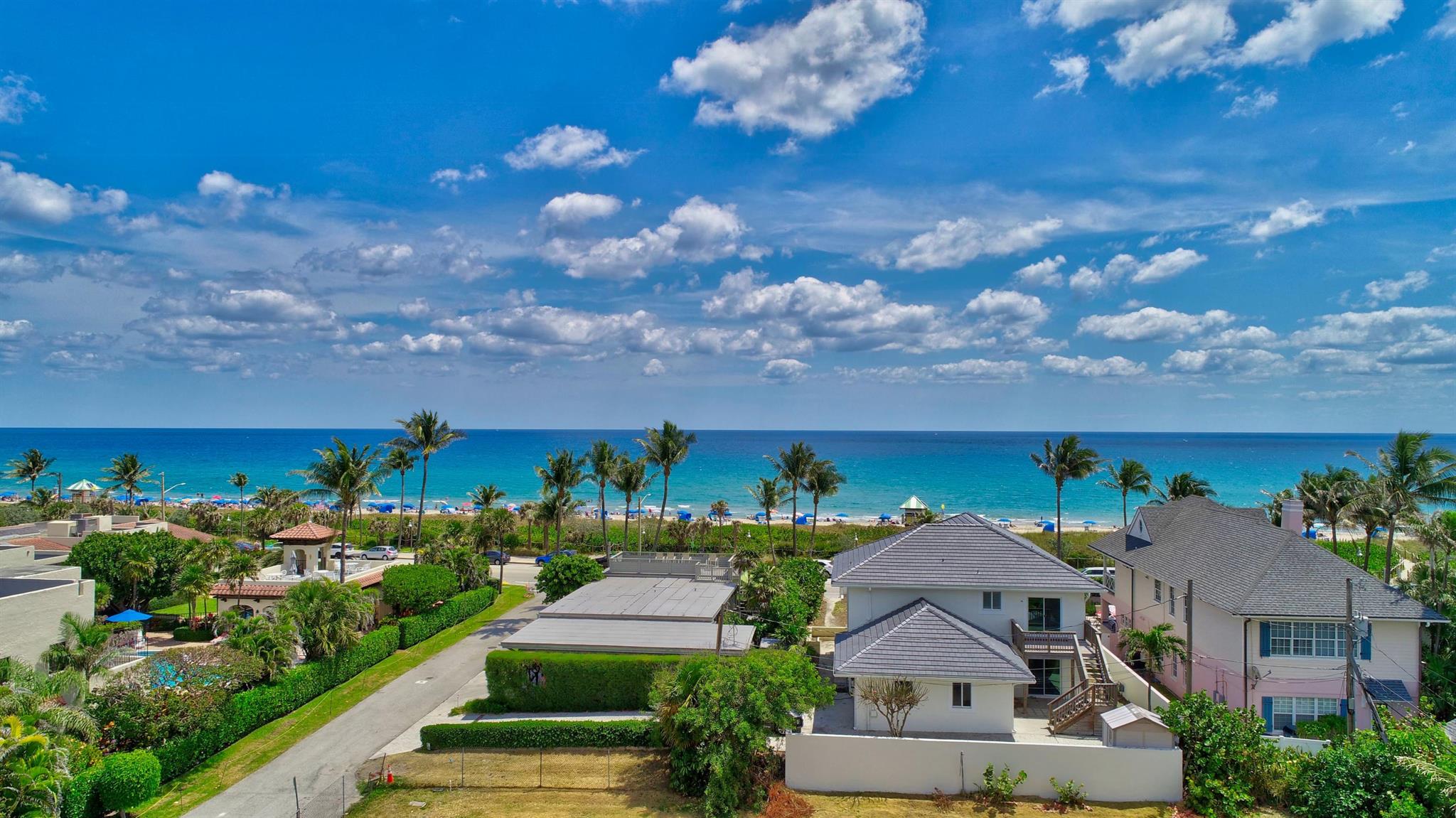 Steps to the beach, 3 blocks from Atlantic Avenue! This 3 story townhome features impact-glass, elevator, hardwood and marble floors, plantation shutters. French doors open to the plunge pool patio from the open concept living/dining/kitchen, coffer-ceiling dining, and chef's hi end kitchen with ocean-blue granite. 1st flr bedroom has an adjacent full bath. On 2, the primary suite features; tree-top balcony above the pool, sitting area, 2 walk in custom closets, a morning bar, a luxurious bathroom with: jetted tub, walk-in shower, and separate water closet. 2 additional en-suite bedrooms, one with an ocean view balcony, both with walk in closets. 3rd flr loft/office/pull out love seat with full bath and a LARGE ocean view terrace perfect for entertaining.
