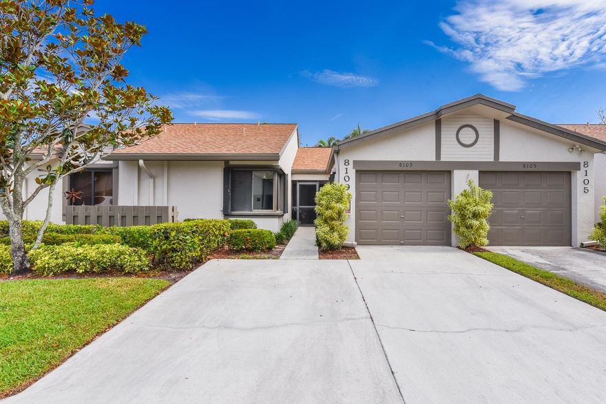Popular Chateau model with 2 bedrooms, 2 baths and 1 car garage. This villa is located in the Summerwinds section of Whisper Walk with easy access to the private clubhouse & pool. Bright, open & spacious with a screened-in patio overlooking a private, serene canal & lush landscaping.  New carpet in primary bedroom. Accordion shutters. New roof in 2023. Additional parking a close by.  Whisper Walk is an active adult gated community set on 300 acres of lush tropical greenery & tranquil lakefront views with scenic walking & jogging paths. Featured resort amenities include 7 tennis courts, 6 pickleball courts, clubhouse with fitness center, pool, spa, billiards & library. Whisper Walk is situated just minutes from upscale shopping and dining & less than 20 minutes from Boca's pristine beaches.