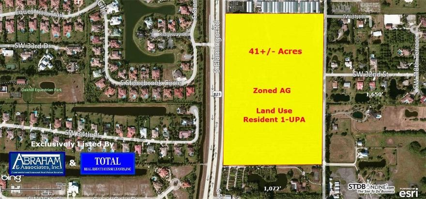 WOW! GREAT LOCATION 41 +/- ACRES OF LAND FRONTAGE TO FLAMINGO ROAD SW 121ST AVENUE, ZONED A-1 RESIDENTIAL ONE HOUSE/ACRES. OPPORTUNITY TO LAND BANK OR PLAN FOR FUTURE RESIDENTIAL DEVELOPMENT. WALMART, GAS, CONVENIENCE STORES, AND OFFICES WITHIN ONE MILE AND SAWGRASS MILLS WITHIN FOUR MILES. SAWGRASS INTERNATIONAL CORPORATE PARK WITHIN FIVE MILES TO THE WEST, AND FLORIDA TURNPIKE SIX MILES TO THE EAST. I-95 AND FT. LAUDERDALE / HOLLYWOOD INTERNATIONAL AIRPORT 10 MILES TO THE EAST. EASY COMMUTE TO MIAMI.