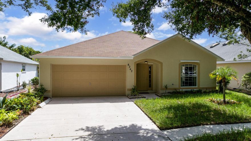 This well-maintained home offers lovely curb appeal with new sod and landscaped planting beds leading to the front vestibule. The homeowners installed a new 30-year roof in 2023. Inside, you'll find gleaming laminate floors in the bedrooms and living room, fresh interior and exterior paint. The kitchen has new appliances and cabinets, new fixtures, vanities and mirrors in the bathrooms. Just steps away, the enclosed patio with a nature preserved view has been re-tiled, the interior garage and floors has been painted to perfection. Low HOA, shopping, golf courses, dining options in every direction.