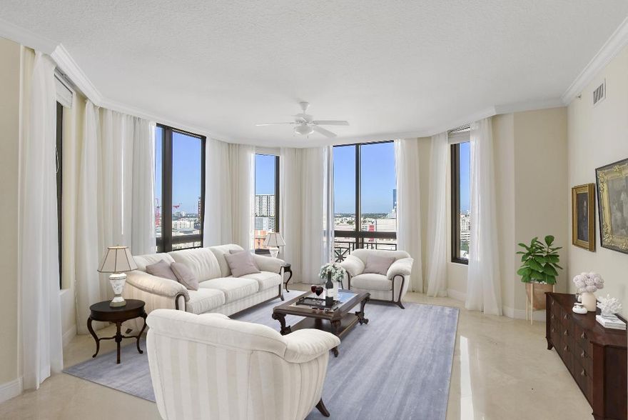 FABULOUS APARTMENT OVERLOOKING ALL OF DOWNTOWN WEST PALM BEACH WITH OCEAN VIEWS TO THE NORTH AND EAST. TWO LARGE BEDROOMS WITH BATHS. THERE IS A DEN WHICH CAN BE A THIRD BEDROOM.