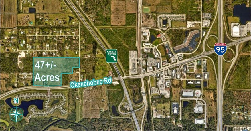 47 prime acres on Okeechobee Road directly across the street from D R Horton's Creekside project, west of Florida's
Turnpike. Frontage on Okeechobee Road with eastbound turn lane and frontage on Coolidge Road. Land use RS allows for
2 units per acre density. Possible to change all or part to higher density. Ideal land for new development