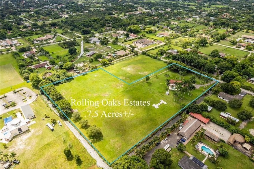 ***OVER 7.5 ACRES OF LAND IN HIGHLY SOUGHT-AFTER ROLLING OAKS ESTATES!!!*** FOR THOSE TRIED OF LIVING THE CITY LIFE,HATE LIVING UP NORTH OR LOOKING FOR THEIR COUNTRY HOME,THIS PROPERTY IS FOR YOU! ALREADY DIVIDED INTO THREE – 2.5+/- LOTS(CONSISTING OF 4 PARCEL #’S) W/A DEDICATED 40’ ROAD ACCESS TO THE BACK LOTS. FRONT PROPERTY HAS EXISTING HOME 3 BEDRM/2 BATH W/2 CAR GARAGE, APPROX A/C 1,821 SQFT. THE PROPERTY IS FREE&CLEAR OF WETLANDS(REPORT FROM BROWARD COUNTY DATED APRIL 2022),BORE TESTING HAS ALREADY BEEN DONE. PLOT COVERAGE IN ROLLING OAKS ESTATES ALLOWS FOR 10% LOT COVERAGE. SO, YOU CAN BUILD YOUR DREAM HOME AND STILL HAVE PLENTY OF ROOM FOR YOUR GUEST HOUSE, BARN,GARAGES,ANIMALS,RIDING ARENA,ETC. FOR THE HORSE ENTHUSIAST TRAIL RIDE TO A 45 ACRE EQUESTRIAN PARK LESS THAN 1 MILE AWAY.