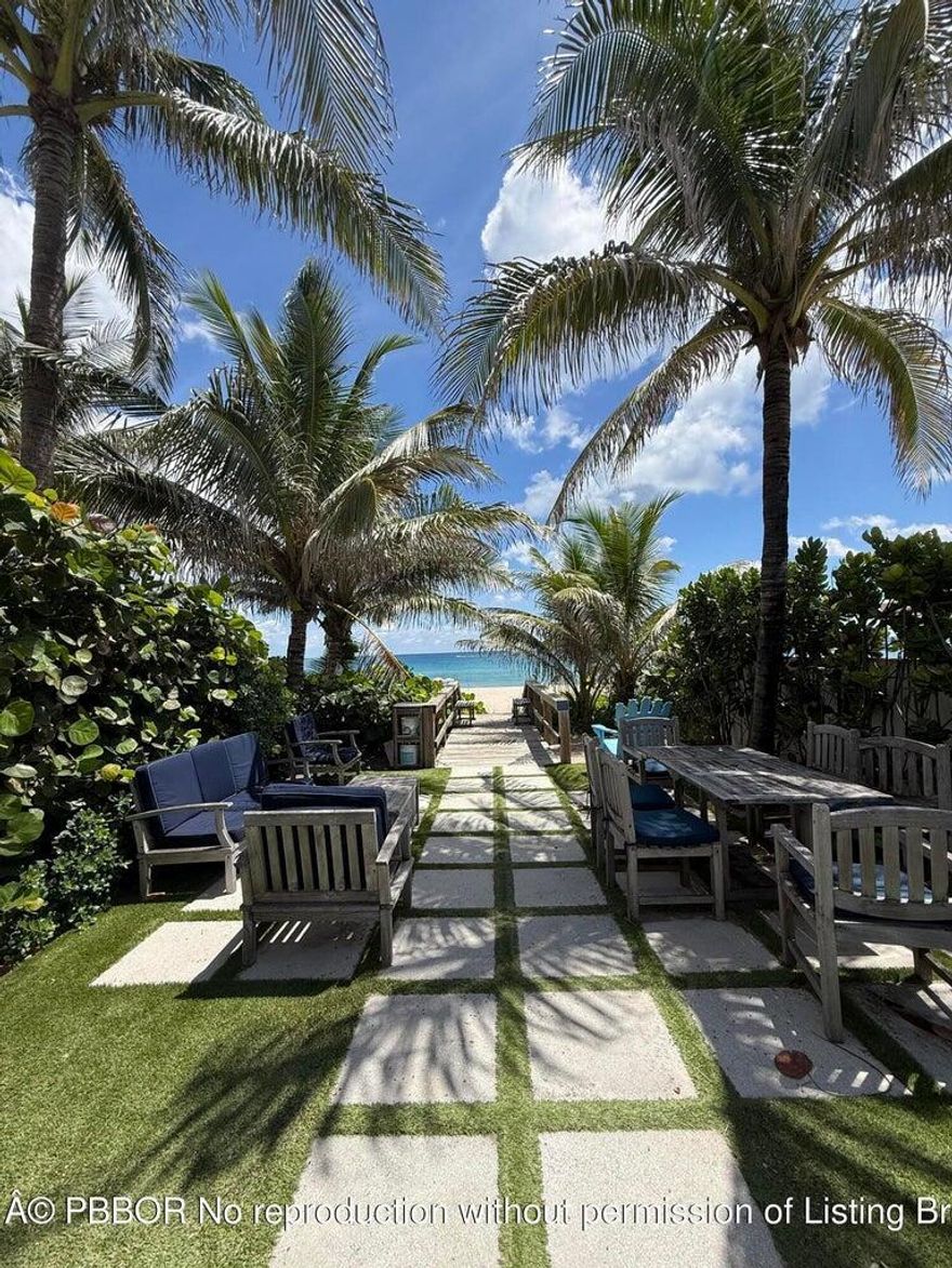 A beach lover's dream! Rare opportunity to own just one house from the ocean on coveted Merrain Road. This 4BR/3BA home offers 9-ft ceilings, a vaulted living room and an oversized 35' x 13' pool. A 2 car garage has been converted into bonus space and is currently set-up as extra bedroom but could be a gym, office or converted back. Enjoy sunrise strolls, afternoon swims, and the best surf in town--all steps from your front door. Merrain Road maintains a lounging area and shower at the ocean to complete your beach experience. The Lake Trail is nearby for biking and sunset walks. Reimagine this North End gem into your own Palm Beach paradise!