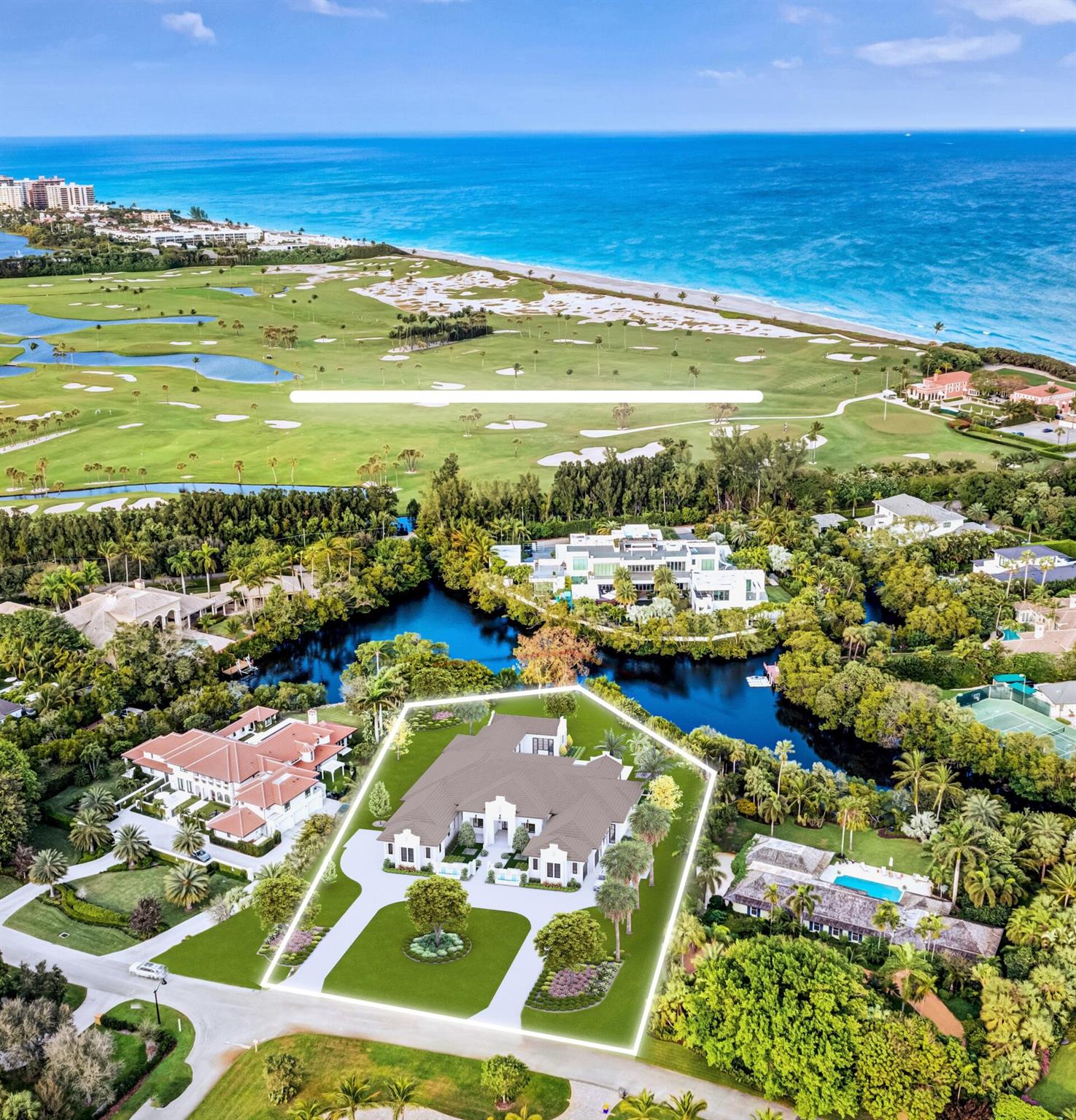 Live in South Florida's exclusive and prestigious golf gated community of Seminole Landing! Nestled on private oversized lot (nearly 1.5 AC), discover the RARE opportunity to own your BRAND NEW DREAM HOME scheduled to be completed early to mid 2026!! This custom residence offers 6 bedrooms with office and guest house, 7.5 bathrooms, expansive outdoor entertainment area and resort-style pool and spa. Experience the epitome of luxury with private beach access and steps from world renowned Seminole Golf Club. Renderings are deemed to be reliable but not guaranteed.