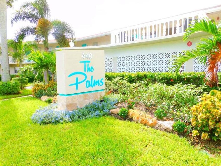 Welcome to your new home at The Palms of Boynton Beach in the heart of Downtown. This spacious one-bedroom, one-bathroom apartment, located on the first floor, is a must-see. The bedroom boasts a separate vanity area and an expansive walk-in closet. New flooring.Step out onto your private screened-in patio from the bedroom and enjoy the gentle breezes from the intra-coastal as you relax on your porch. The property offers a range of amenities, including a sundeck, BBQ area, mail room, bike rack, laundry room, and an outdoor shower. You'll also have the convenience of assigned parking. Just a short walk across the Boynton Bridge leads you to the picturesque Boynton Beach, and you're within walking distance tO the vibrant nightlife of popular establishments such as The Banana Boat, Two Georges and Hurricane Alley. Don't miss the chance to make this exceptional apartment your new home.