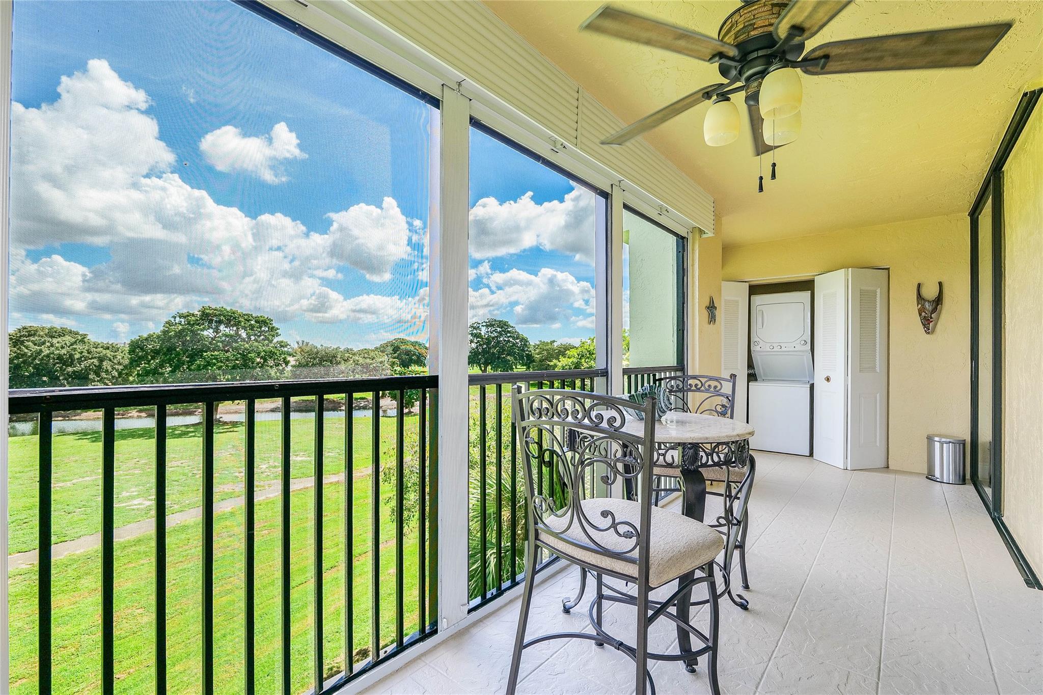 THIS EXTRA LARGE, 1400 SQ FT! 2/2 COMPLETELY REMODELED! FULLY FURNISHED  2 PATIOS! CORNER UNIT, WITH OPEN GARDEN & LAKE VIEWS!  & POOL VIEW.  KITCHEN HAS BEEN REMODELED WITH HIGH-END NEW 2024 APPLIANCES SUCH AS THE STOVE AND DOUBLE DOOR REFRIGERATOR.  AC 2021.  THE FRONT BEDROOM OFFERS OFFICE MURPHY BED.  ROLL SHADES ON TERRACES & ACCORDION HURRICANE ON WINDOWS. 
 CHOOSE YOUR TERRACES VIEWS, THE REAR/SIDE OFFERS GOLF, LAKE, AND POOL.  GARDEN VIEW IN FRONT!  PARKING #12  CLOSE TO ELEVATOR.  55+ COMMUNITY. A MUST!  SEE FOR YOURSELF.  NEW ROOF 2024, COMPLETED.  MAINTENANCE INCL WATER, PEST CONTROL, POOL & CULTURAL CENTER OFFERS: BOWLING, SHUFFLEBOARD, TENNIS, PICKLEBALL, BILLIARDS, ACTIVITIES & MORE!  IMPECCABLE!