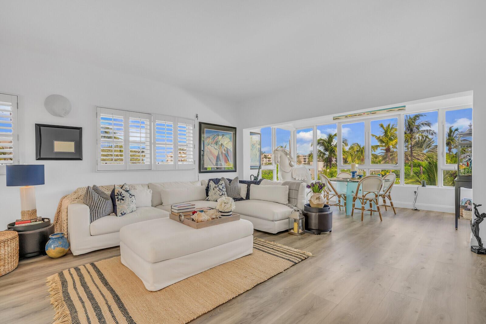 Experience modern coastal living at its finest with this completely updated seasonal rental located at 2850 South Ocean Boulevard in Palm Beach, FL. This charming 2-bedroom, 2-bathroom condominium offers 1,044 square feet of sophisticated living space nestled right on the beach.Step inside and be greeted by an open floor plan, accentuated by plantation shutters that provide both style and privacy. The unit boasts a seamless blend of living, dining, and kitchen areas, perfect for entertaining or relaxing. Enjoy the convenience of in-unit laundry with a washer and dryer, a rare feature in this building.Residents have access to a suite of desirable amenities designed for a luxurious lifestyle. Take a refreshing dip in the pool, maintain your fitness routine at the gym, or unwind