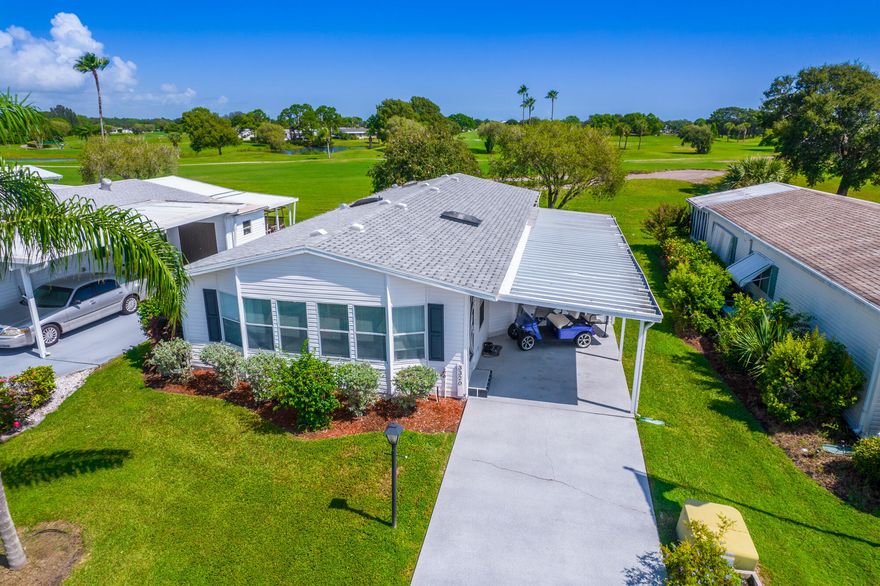 Fully Furnished 2/2 on Golf Course in resort styled Savanna Club 55+. Large living/Dining Room layout with an inviting island kitchen complete with breakfast bar & pantry. Kitchen opens into the Family Room with additional built in wall unit and wet bar. Large primary bedroom with 3 closets plus the Main Bath offering dual sink vanities, soaking tub & separate shower. The indoor Laundry Room, Skylights, wood laminate floors, tiled Lanai overlooking the golf course, 2020 A/C, 2023 roof, 2023 HWH and decorative driveway are just a few of the updates. The location is just minutes to the restaurant, pool and Fairways clubhouse. All sizes approximate. Land Lease Property