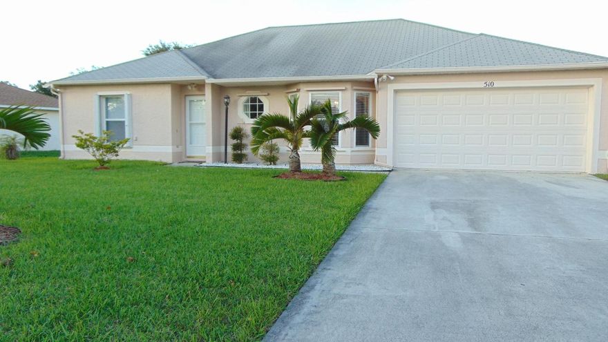 Bright and spacious 4 bedroom home in the highly sought after Becker area near I-95 & Palm City! CBS home has large screened patio with attached workshop/storage. Kitchen contains large pantry with high ceilings. Backyard has beautiful fruit trees and lush landscaping. Perfect home for a happy family!
