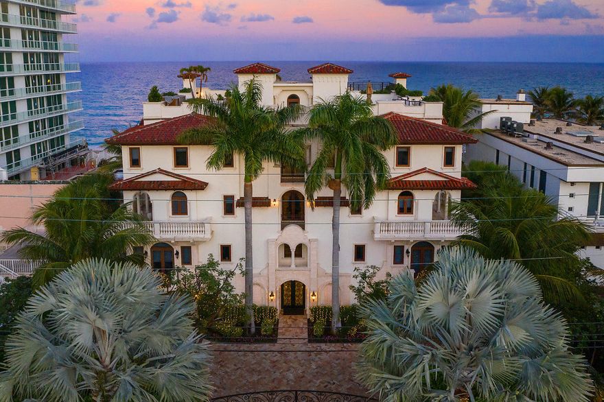 Be mesmerized by the beckoning waves as you walk out directly from your two level Villa to over 100ft ocean frontage of unending blue ocean views. This luxurious architectural masterpiece is designer furnished filled with utmost attention to every detail. Over 6631 sqft includes: 4 en-suite bedrooms , 4 car garage, gourmet chef's kitchen with Wolf, Miele & Sub-Zero appliances. This magnificent home features main floor office, formal dining room, formal living room plus full wet bar, laundry room on every level, private elevator and balconies in every room, fireplaces, splash pool /jacuzzi, a cabana bath, upstairs media room that can convert to 5th bedroom/gym. Highland Beach is nestled on the Ocean between Boca Raton and Delray Beach.