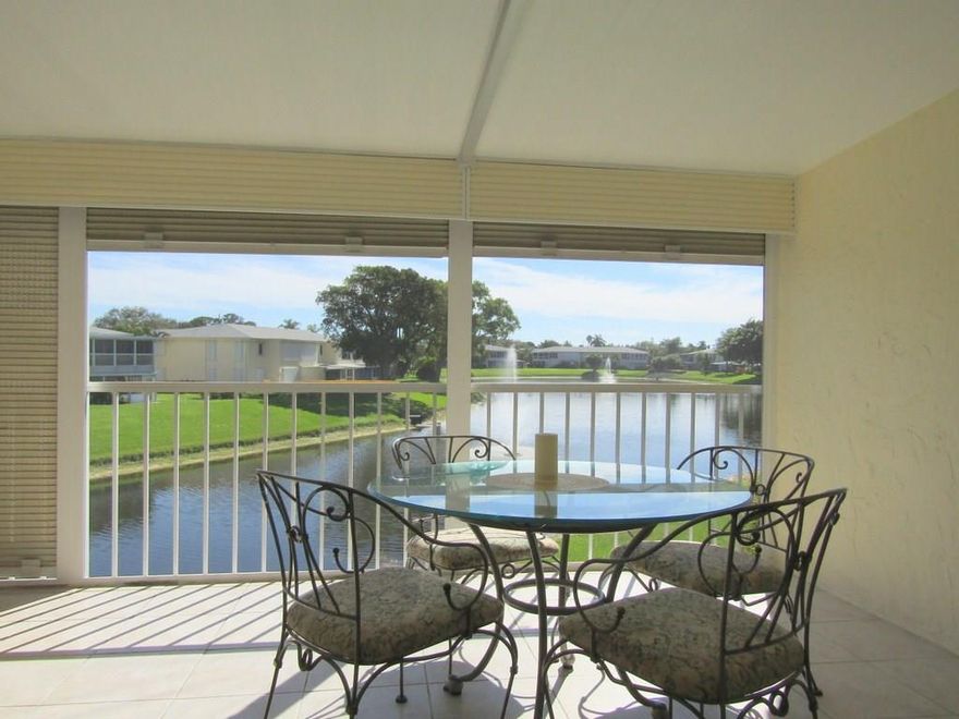 Peaceful Lake views with fountains are the best in the community from your screened patio with roll-up shutters.  Bright, clean, and comfortably furnished. Washer /Dryer in kitchen with eat-in area.  Active, secure complex with 2 Pools, Tennis, Gym, Sauna, Library, Bocci, Pickel ball, Bingo, Billiards, and planned community events. Many events sponsored by a variety of active and social clubs.  Manned guard gate and surrounded by water on 3 sides. 3 miles to the beach and  Downtown Delray.  EZ to see!