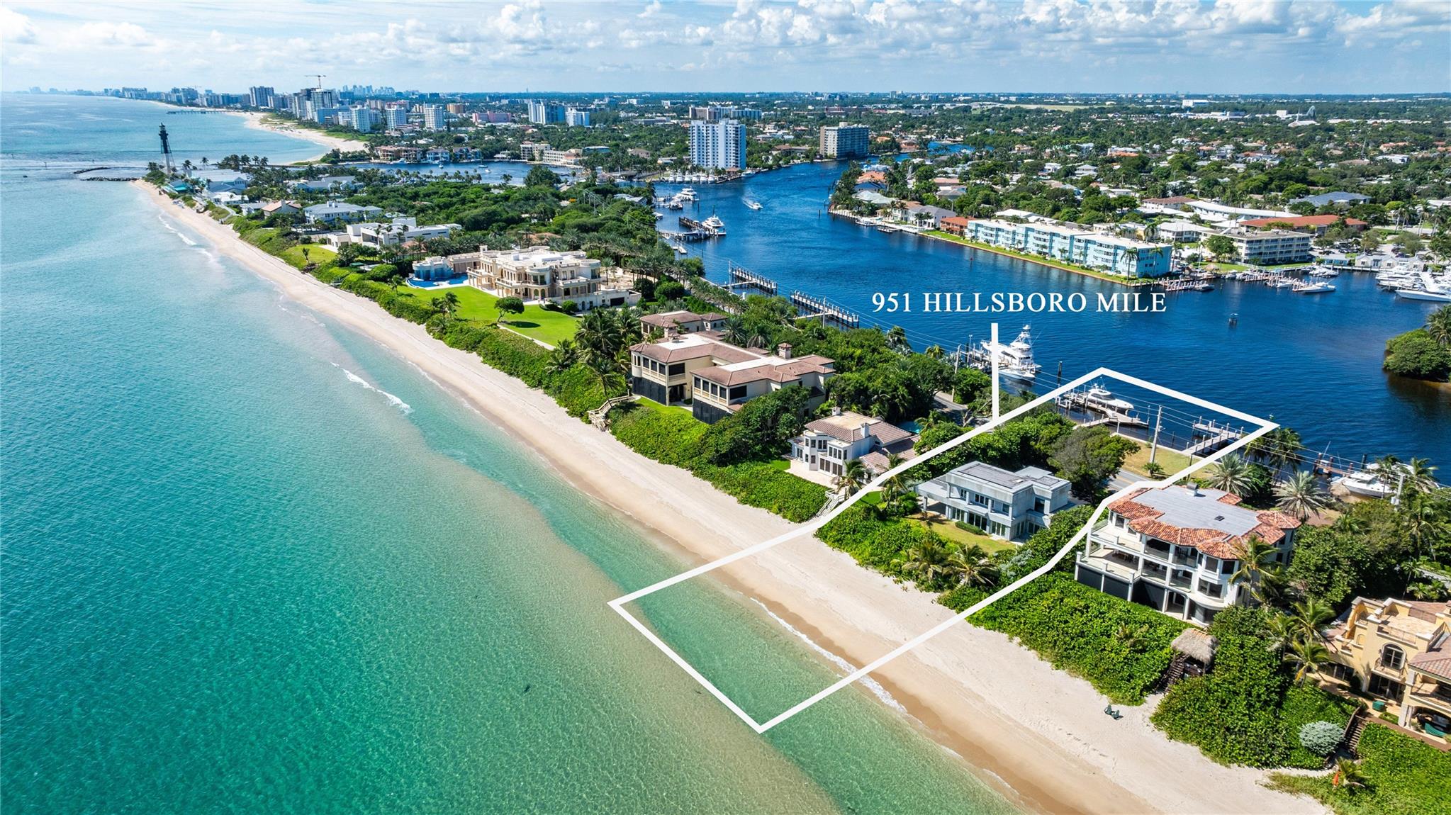 Amazing opportunity to purchase coveted real estate on Hillsboro Mile! This is the only property that will give you wide sunset bay views in addition to endless ocean views from the multi –level home you build. Close to the inlet, this lot is surrounded by other single family homes making the beach very private. 100 ft of pristine oceanfront and 100 ft on the intracoastal. The new seawall and polymer T-dock are ready for your vessels and water toys. Plenty of land on the Intracoastal side allows your crew and maintenance personnel to park and not interfere with your privacy. This is the perfect canvas to design and build your dream home, where every day can start with sunrise over the ocean and end with a picturesque bay sunset!