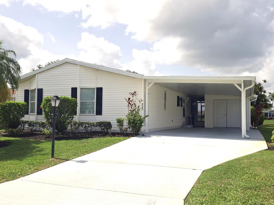 Waterfront, sold turnkey with everything you see EXCEPT SCOOTER IN SHED. Welcome to this fabulous waterfront home with a HUGE enclosed back lanai (23x11) AND a large screened lanai (13x19) overlooking a large pond in Savanna Club. Entertain your family and friends in Florida with this beautiful view. This home offers 2 beds with 2 baths. The primary bedroom will fit a king sized bed. The spacious primary bath has extra storage for all your linens and towels. The guest bedroom and bath both are the perfect size for guests. Open living from the kitchen, dining, and living room where you can have get togethers and see everyone AND have views of the water too from these rooms indoors. This home also features a New Roof completed in 2018 and a New AC in 2017.