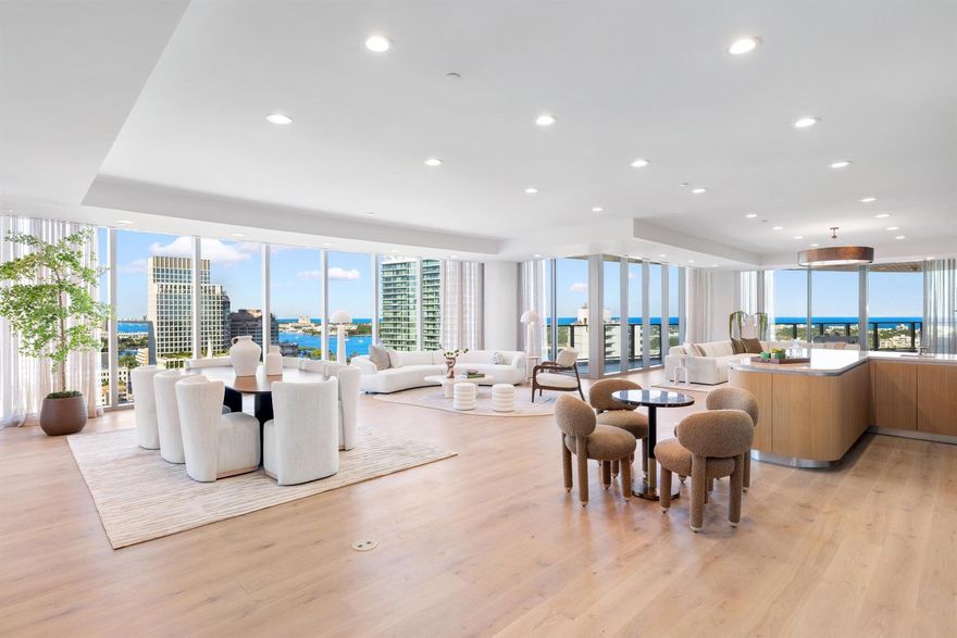 Beautiful brand new 4BR/4.1BA condominium with gorgeous Ocean, Intracoastal, and Palm Beach views. 5,400+/- total square feet of indoor and outdoor living. Private elevator foyer opens to fantastic open-concept great room. Gorgeous eat-in kitchen with chef's island. Living room features stunning water views and wet bar. Fabulous oversized terraces overlooking beautiful city views to the north and sweeping water views to the East. Waterfront Primary Suite with endless Ocean views, oversized bath, and dual walk-in closets. The iconic new Forte on Flagler building features three full floors of opulent amenities. Fantastic downtown location just blocks from CityPlace, Palm Beach Island, and so many shops and restaurants.