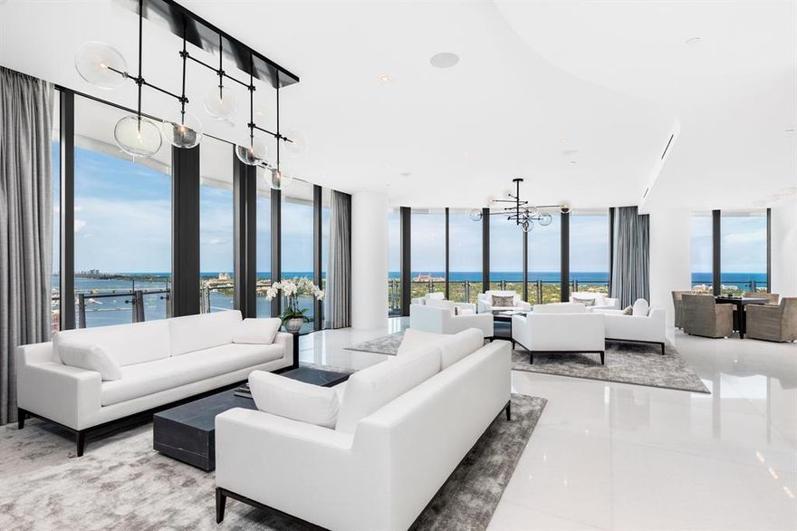 The most spectacular condominium available at The Bristol and arguably throughout South Florida. This Magnificent home in the sky has the most breathtaking panoramic ocean and intracoastal views. The entire residence facing East, North, and West has all floor-to-ceiling glass, including dramatic 11-ft. sliders and windows. This home was designed as a 4-bed/5.1-bath with an office and is designer decorated and offered fully furnished. Impressive 48'' marble flooring in the main living areas and gorgeous wood floors in the bedrooms. Spacious dual master closets and dual master baths with Dolomiti marble and stunning Italian Fantini fixtures. Beautiful open kitchen with Gaggenau gas stovetop, Calcutta countertops, & Snaidero cabinetry. The Bristol has the most substantial generator and The Bristol has the most exquisite 5-star amenities including two immaculate spas, waterfront fitness center, stunning beauty salon, spacious outdoor entertaining terrace, club lounge, private dining room, card room, conference room, 75-ft swimming pool, indoor and outdoor jacuzzi, international concierge, exclusive car service, 24-hour security/valet/doormen, outdoor/indoor dog park. Pet Friendly Building.