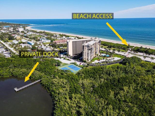 Discover waterfront living at its finest in this beautifully updated two bedroom , two bathroom condo spanning a generous 1659 sq ft. This offers the perfect blend of comfort and coastal charm with recent kitchen and bathroom that showcase the design and functionality. Step outside and enjoy either the Ocean in the front of the building or the River in the rear of property with its own walkout dock to enjoy the view of Fort Pierce waterway. The community boast excellent financial standing, thanks in part to cell tower leases generating income - a nice perk which helps maintain reasonable association fees. Recent building improvements include completion of 40 yr inspection, new roof and exterior painting .