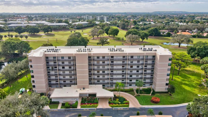 This is an incredible three-bedroom corner condo located in the heart of Central Boca Raton with panoramic golf views overlooking the southern exposure. The wide-open corner screen patio catches the breezes & offers stunning views. The split spacious bedrooms offer hardwood floors and ceramic tiling runs throughout the rest of the unit. The windows & sliding glass door provide plenty of natural light. The eat-in kitchen is fully equipped with stainless steel appliances, granite countertops, and custom cabinets. The building amenities include a fitness center, clubhouse, pool, and jacuzzi. This unit is perfectly situated near public transportation, restaurants, and shopping. You'll love being a part of the top community in Boca, Club Royale. Don't miss out! Covered Assign Parking w/storage