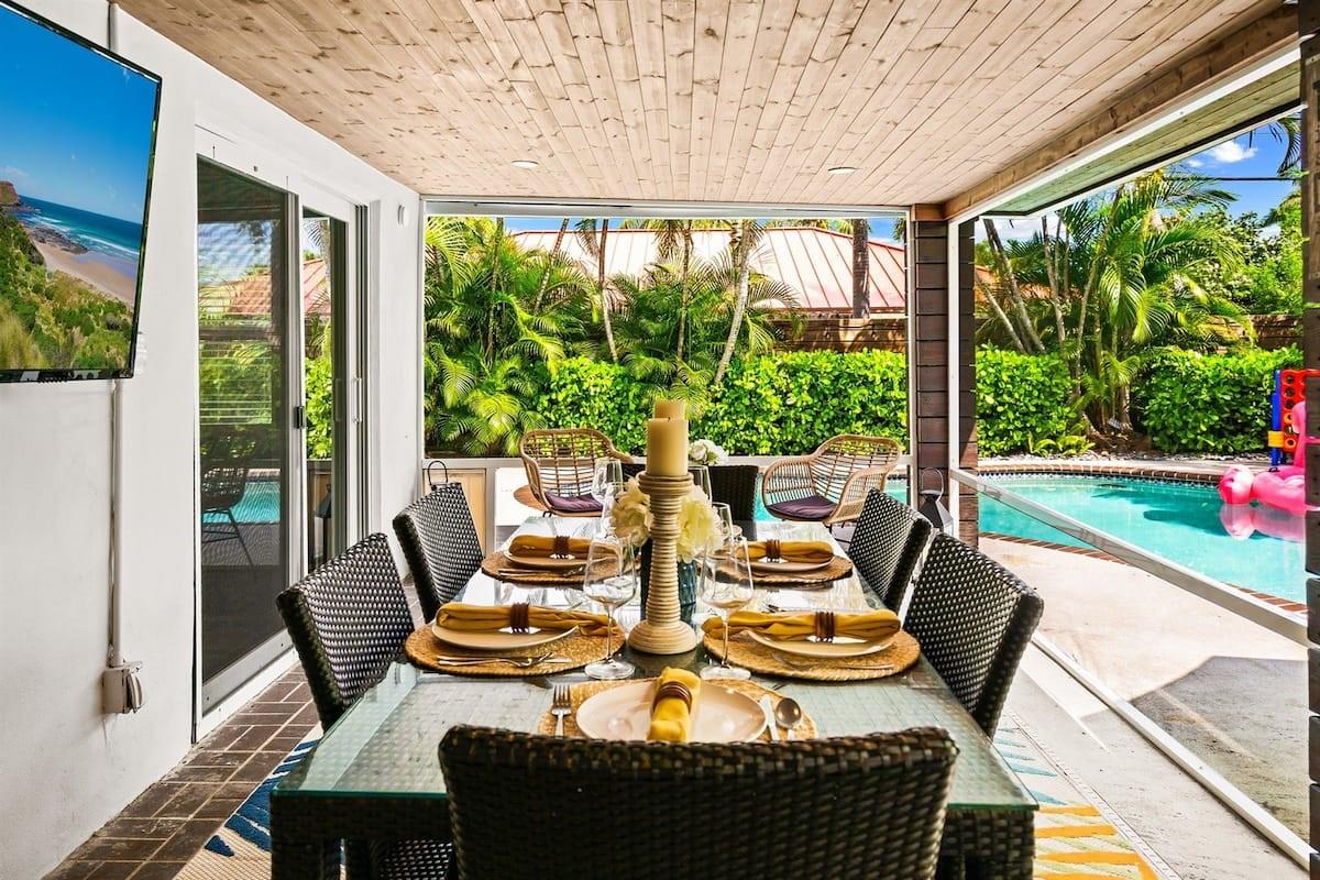 Beautiful 4/3 tropical paradise, fully remodeled 2200+sqft and a rare find in the lovely Bel Aire area, walking distance to beach, Intracoastal and quaint Lauderdale-By-The-Sea community, restaurants, night life and shopping. This lovely home features impact windows and doors, beautiful open kitchen w/quartz countertops, updated appliances, updated flooring, remodeled bathrooms (including plumbing) and 2 car garage which has been converted to a big game/bonus room w/new epoxy floor., This home is gorgeous and beautifully furnished. Your tropical paradise awaits you in the backyard w/new decking and pool fenced for privacy. Property also available for season or short term.