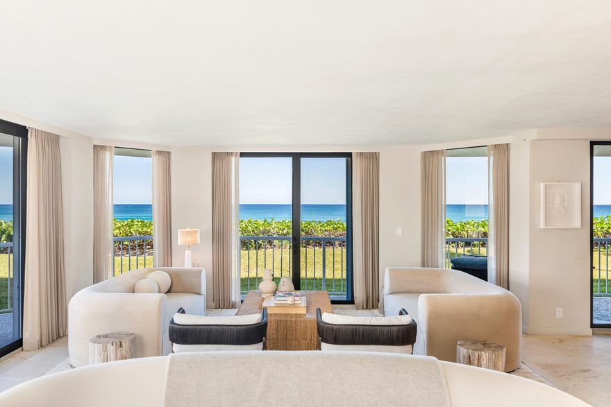 Located directly on the ocean in the prestigious Enclave building on South Ocean Boulevard in Palm Beach, this beautifully designed residence was created by renowned interior designer Noa Santos.  The three bedroom, three bath condominium offers 3,577 total square feet of sophisticated living space with exceptional craftsmanship and high-end finishes throughout. The expansive open living and dining areas are designed for both comfort and elegance, with floor-to-ceiling glass doors that fill the space with natural light and frame the breathtaking ocean views. A wraparound balcony allows for a seamless indoor-outdoor flow with views of the lush green space extending to the Atlantic Ocean creating a serene setting for relaxing and entertaining. The gourmet kitchen is equipped with top-of-the-line Miele appliances, including an oven, microwave combo oven, and stovetop, complemented by a Liebherr refrigerator and freezer. A custom coffee bar and a sophisticated wet bar with an ice maker, fridge, and fluted paneling enhance the home's refined entertaining spaces. A grand entryway and a spacious front hall closet add to the home's thoughtful design. The primary suite is a private retreat featuring two walk-in closets, a built-in desk, a linen closet, and a dedicated shoe closet. Wood floors add warmth and elegance, while terrace doors open to stunning ocean vistas. The spa-inspired primary bath includes dual sinks, a walk-in shower, a separate soaking tub, and a private water closet with a toilet and bidet. The guest suite offers a walk-in closet, an en suite bath with a walk-in shower, and private balcony access with ocean views. The third bedroom opens out onto the terrace with stunning views of the water. An additional bath features a custom vanity and a reeded glass shower enclosure. Additional conveniences include a spacious laundry room with a sink, hanging space, and ample storage, as well as a large front hall closet. Full hurricane doors ensure security and peace of mind, while a Trane A/C system and a water purification system add to the home's modern comforts. The Enclave offers resort-style amenities, including a pool, hot tub, grilling area, tennis court, a state-of-the-art fitness center, and a beautifully appointed party room with a bar and card area. The building also offers a 24-hour doorman and security, a full-time on-site manager, and a gated entrance.  Additional features include two garage parking spaces, bike storage, and a private air-conditioned storage unit.