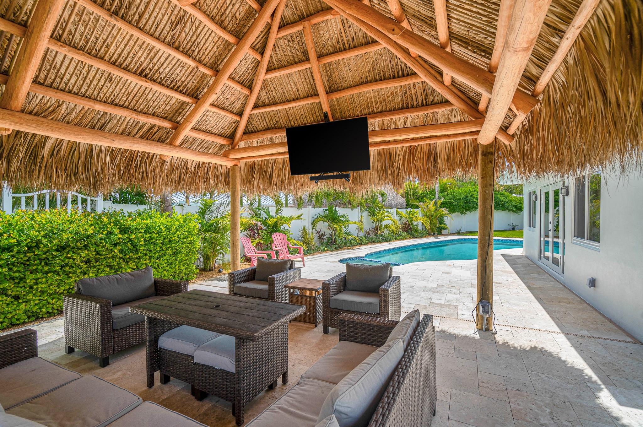 Great home in the heart of Imperial Point-3 bed/2 bath, split floor plan & 2 car garage equipped w/ Tesla charging station & overhead storage. Resort style backyard features a furnished tiki hut w/ mounted television & additional electrical outlets. Enjoy the luxury of a heated saltwater pool & spa, perfect for year-round enjoyment. Oversized, fully fenced yard provides ample green space & a shed for extra storage. Beautifully updated kitchen & flooring offer a fresh and contemporary feel. Impact windows & doors with newer roof. Dedicated laundry room. Yard/pool maintenance included-lawn uses well water for added savings! Tenant has option to activate existing Ring & ADT systems. Located in a quiet neighborhood w/ sidewalks & conveniently located to beach, highway, restaurants & shopping.