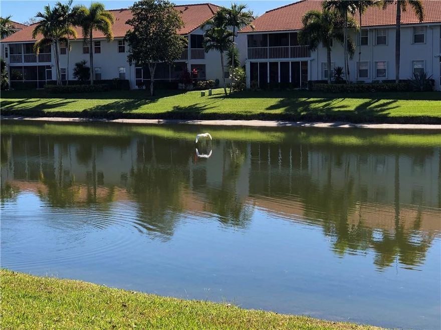 Relax and enjoy the park like setting of this lovely villa, with picturesque lake views from the Florida room and lanai! Imagine yourself reading a book while sipping your morning coffee and watching the birds fly over the mirror-like lake. Then later in the day, enjoy a refreshing beverage of your choice and watch the sunset! This gated 55+ community provides plenty of activities in a resort style atmosphere. No neighbors in front and just a short walk to a satellite pool. Soaring ceilings in the main living area, spacious primary bedroom suite with walk-in closet, split bedroom floor-plan provides nice privacy for guests. Desirable location close to shopping, restaurants and medical offices.