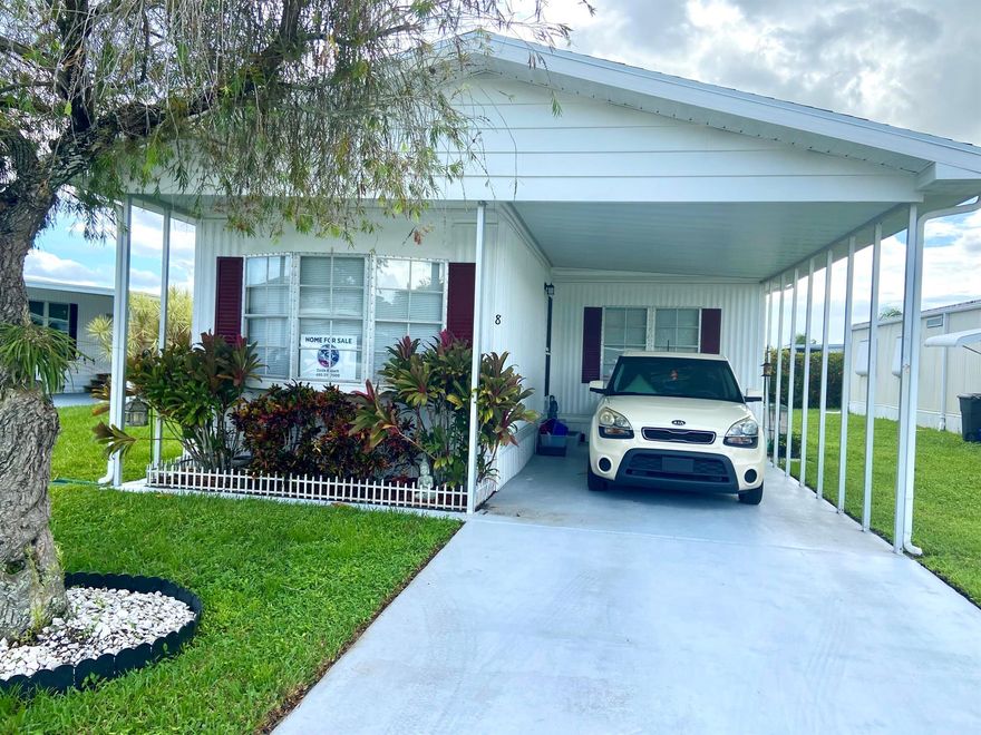 Welcome to 8 Florencia Lane in Port Saint Lucie Fl. This 2 bed/2 bath home is located in a great 55+ community on leased land 833.06 a month, with some great amenities, lawn care, trash and recycle, clubhouse activities galore and use of the boat launch in the community, not to mention tennis, golf, and an array of events! Offered partially furnished AS_IS AS SHOWN with a lovely master suite, a den area, and indoor laundry. This split layout offers privacy for you and guests with a separate bath/tub combination. Central air replaced 2022, shingled roof 2013, circuit breaker and ceiling fan and fixtures newer and washer replaced 2022. Carpet should be the concern for replacement as the current owner opts to allow the new owner to decide. Call ME today and make this your home sweet home!