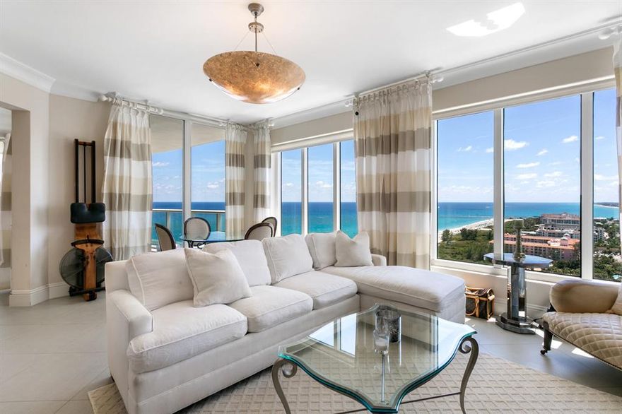 Amazing views of the ocean as far south as the Breakers.  City lights at night!  Spacious interior with over 3,950 SF interior SF.  Exceptional qualities throughout including a private elevator foyer entering into a spacious living area.  A gourmet kitchen, complete with top of the line appliances, island, gas wolf stove, built-in Miele coffee maker.  The master suite with large walk-in closet.  Spacious  living room with dining area.  The renown Ritz Carlton services are complemented with security, 24 hr concierge, valet, two pools, private restaurant with pool service.  Conference room, social room with catering kitchen, media room and state of the art fitness center.. A private beach area with chairs set up..It's all here!