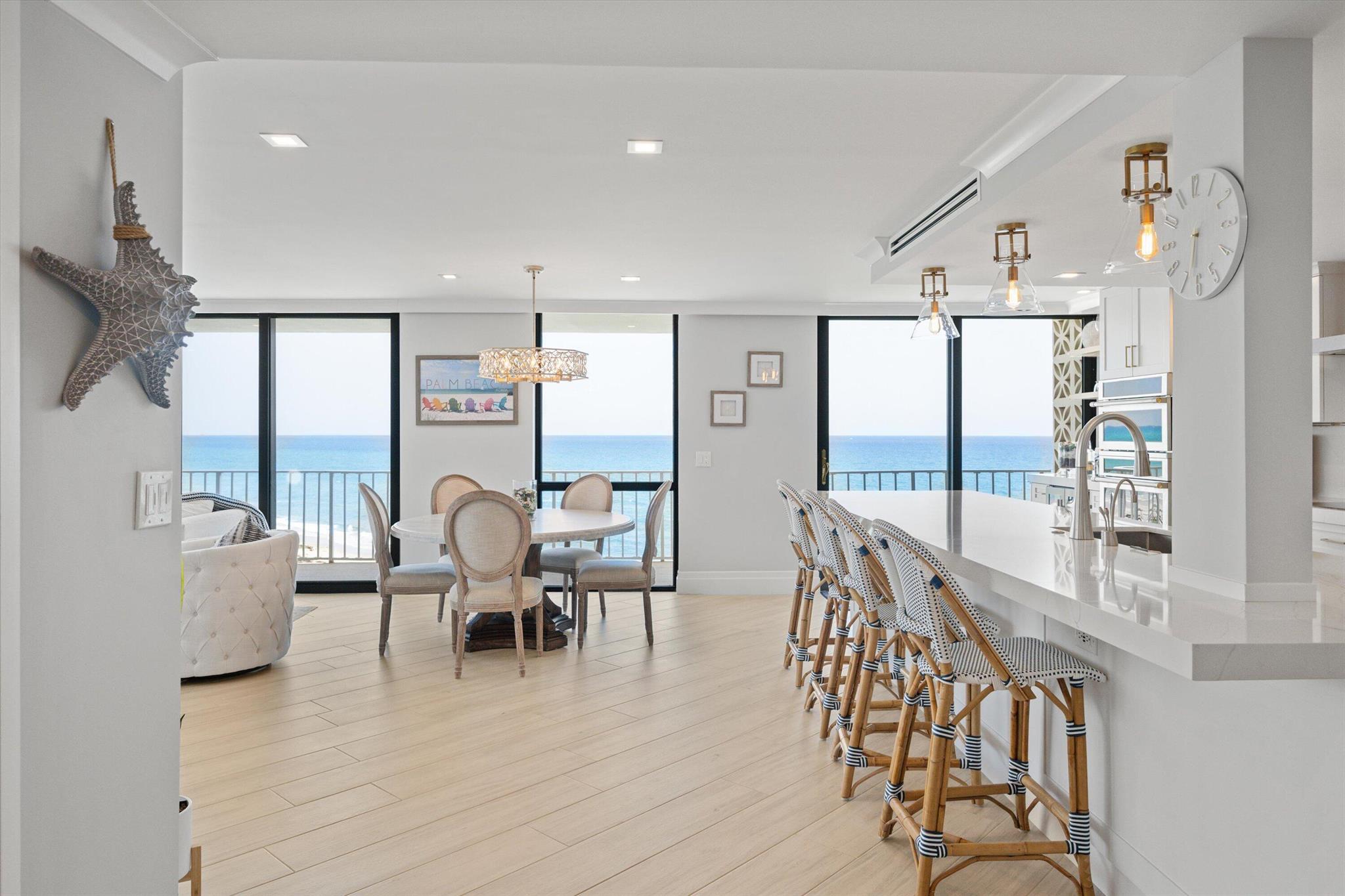 Enjoy breathtaking ocean and Intracoastal views from every room of this 2-bedroom, 2-bath condo on the 5th floor, overlooking the ocean and sparkling pool. This residence features impact glass doors, a spacious master suite, and a bright eat-in kitchen. Luxurious saline pool area with direct beach access, your seasonal vacation in Palm Beach begins here.