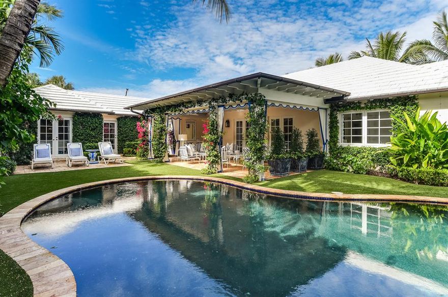 Rare opportunity to acquire prestige ocean-block Estate Section property! Perfectly located Bermuda home, graciously renovated. Coveted slice of Palm Beach paradise. Tasteful mini-estate compound. Special picture-book home. One-level, FP, high elevation, charm, romantic 3rd residence off the Atlantic. Live by the sea. Exquisite outdoor loggia overlooks pool, tropical gardens, lawn, lush landscape. 3 mins. to Mar-a-Lago and Bath & Tennis Club; 4 mins. to Worth Ave. This showstopper is well-designed for entertaining. Well-designed floorpan maximizes living area. One bed. w/en-suite bath is separate w/an adjacent side entrance, nice for guests or live-in staff. Property isn't in flight path. This 50s Bermuda society home isn't landmarked. Avail. furn. (Plz don't disturb in-residence Tenant.)