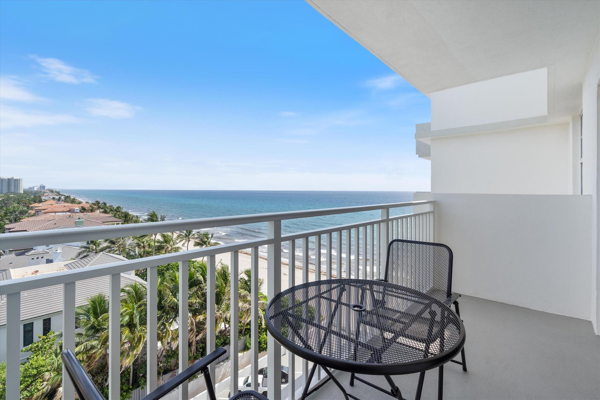 Directly on the sand, in this gated community. This 9th-floor condo offers breathtaking, panoramic views of the ocean that stretch as far as the eye can see. From sunrise to sunset, the ever-changing blues of the water become a stunning, natural backdrop to everyday living. A private balcony extends the living space outdoors, perfect for morning coffee or evening cocktails while listening to the waves. Concrete restoration is complete and fully certified building. Pool, fitness room, sauna, grills and community rooms are a few amenities offered. Garage parking number 9.