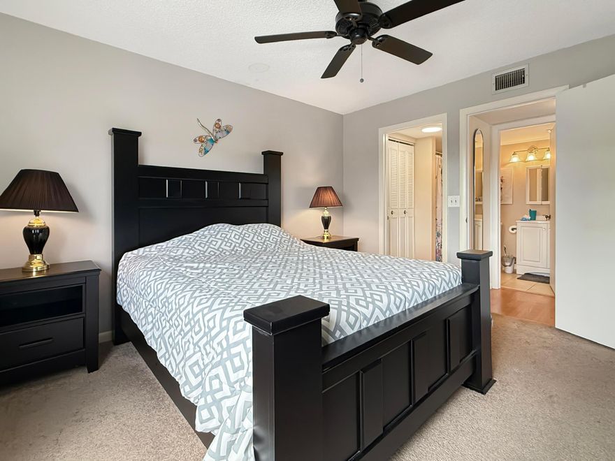 Welcome to 55+ Pine Ridge South 3! Charming 818 sq ft condo offers two spacious bedrooms & one well-appointed bathroom. Step inside to discover a thoughtfully designed interior featuring a convenient breakfast bar, perfect for casual dining & entertaining. The condo boasts a mix of carpet, laminate flooring & tile, enhancing the warm & inviting atmosphere throughout. Enjoy serene garden views from your private balcony, providing a peaceful retreat to unwind & relax. The southeastern exposure ensures ample natural light, creating a bright & airy ambiance in every room. The primary bedroom includes a generous walk-in closet & an ensuite. For your convenience, the unit includes a dedicated laundry room with a washer & dryer. 2024 Roof, water heater & refridge. Appliances less than 7 yrs.