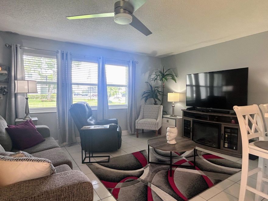 Ready now thru end of 2026, a 1BR, 1.5 bath, first floor condo with updated kitchen and baths. An end unit with extra windows and a great breeze. Nicely updated and furnished, ready to move in. Sterling Village offers a very active community with a newly remodeled clubhouse with a new fitness center, library, heated and cooled community pool, craft room, billiard and game rooms, community room with lots of shows, dinners and dances. The community has a 9-hole putting green, pickleball court, carwash, picnic pavilion with grills and a 1/2-mile promenade along the Intracoastal for fishing, walking, boat-watching and relaxing. It is close to the Boynton Marina with restaurants and shops and an easy walk or bike ride over the drawbridge to Oceanfront Park and the beach. Come on down