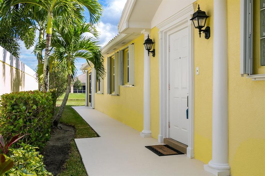 Live in the heart of Tradition in this quality Di Vosta built lake front villa. Relax on your private screened patio overlooking a peaceful lake. This home is turn key with furnishings negotiable, barely lived in and ready for you! New AC 2018, hot water heater 2018, Samsung refrigerator 2017, tile floors in living areas & lanai, wood like floors in bedrooms, full house accordian shutters, Hunter Douglas luminettes. Both bedrooms have ensuite bathrooms. Large laundry room with lots of closets thru out. Full two car garage. Full clubhouse amenities, 2 heated pools, tennis, exercise facility, pickleball, bocce and more. 24 hr manned gated security. Walking distance to Tradition shops and restaurants.