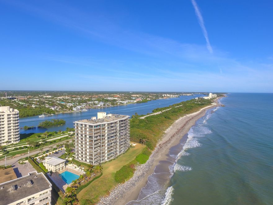 Rarely available penthouse in Tequesta Towers, one of Jupiter Island's most coveted oceanfront addresses. Built by DiVosta and impeccably maintained, the building is current on inspections and strong financial reserves. Enjoy sweeping turquoise ocean views from this elegant residence featuring a sophisticated kitchen with newly painted cabinets, a generous island, built-in bar, and abundant closet space. The 3rd bedroom has been reimagined as a stylish club room with a custom Zoom bed cleverly concealed behind a sleek built-in TV.  Savor breathtaking Intracoastal and sunset vistas from your west facing front patio.  Additional amenities include a designer lobby, climate-controlled owner storage, garage parking, grill/patio area, newly renovated fitness center, and a heated saltwater pool.
