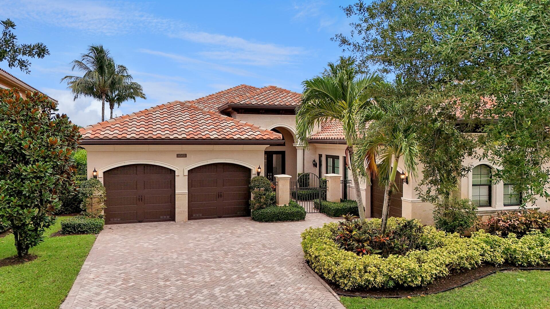 Step into refined luxury in this fully furnished, custom-furnished, designer-upgraded residence located in the prestigious community of The Bridges. Offering 3 bedrooms, 3.5 bathrooms, and a custom clubroom/office, this exceptional home seamlessly blends sophisticated style with modern convenience. A private courtyard entry with etched glass double doors leads to a welcoming foyer, setting the tone for the elegance found throughout. Step into a grand living area featuring gleaming marble floors, impact windows and doors, soaring coffered ceilings, surround sound, and crown molding throughout. The living room is enhanced by a custom wet bar and striking white stone columns, while newly installed oversized sliding glass doors with transom glass panels bathe the space in natural light.