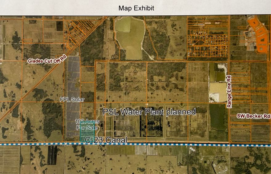 102.42 acres of AG-5 zoned land for sale at $45,000 per acre in Port St. Lucie / St. Lucie County—an exceptional opportunity in an area that is rapidly becoming prime due to ongoing growth and corridor development. This tract is currently being used by Mike's Organic Topsoil, providing premium compost and natural mulch, along with fill and topsoil. That means the land is not only an investment for future demand but also producing value today and is well-suited for buyers looking for continued use or the opportunity to reposition for major uses down the road.  Location & Surroundings: The property is located along the C-23 canal to the south, with Martin County to the south of the canal. FP&L is to the west, the Port St. Lucie future Water Plant is to the east, and AG-zoned land north.   The property is accessible from Range Line Road, and it is conveniently located close to I-95 with easy reach to Martin and Okeechobee Counties. an 800 ft Artesian well flowing out of the ground. The property benefits from strong regional momentum, including projected population increase, fastest-growing corridor activity, and continued city expansion west. The County also has future land needs tied to planning and development. In addition, FP&L is seeking land for solar fields, which adds timely investment potential and long-term demand for large acreage tracts like this. A quality AG-5 tract with current productive use and strong future upside—ideal for investors, land bankers, agricultural users, or energy/solar-related buyers. Buyer to verify permitted uses, zoning requirements, and all development constraints.