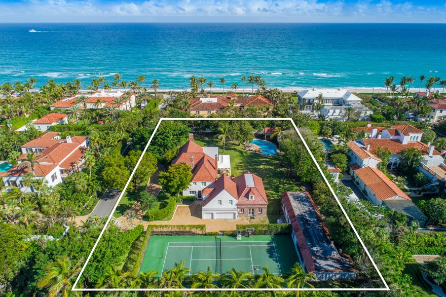 Location, location, location on one of Palm Beach's sought after ''EL street'' estate ocean blocks, close to shopping, between the bridges, airport!  A contemporary-meets-traditional spectacular renovation to this John Volk Tudor-style distinguishes itself amongst the great society architect's work.  It is a special sanctuary facing south on an oversized lot (1.33 acres).  It boasts a 2/1 guest house with living room and kitchen, plus a pool house with two cabana baths. Beautiful outdoor spaces with heated pool and tennis court.  A true value opportunity!