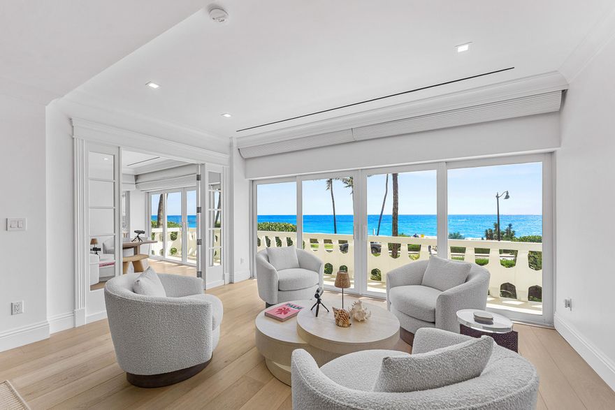 COVETED LOCATION, COVETED BUILDING, COVETED UNIT. This DIRECT OCEANFRONT turn key residence in the prestigious 300 Building captures breathtaking sunrises and sunsets with ever-changing panoramic ocean vistas. The living room, primary suite, and guest bedroom, all enjoy unobstructed views of the Atlantic. Appointed with Viking appliances, premier finishes, and 9-foot ceilings throughout, the residence offers both comfort and sophistication. A highly desired oversized second-floor patio provides exceptional outdoor living for alfresco dining. Situated in a full-service building and conveniently located near Worth Avenue shopping,The Four Arts, the beach, and Palm Beach's finest dining.