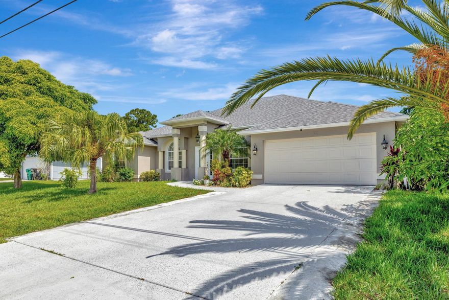 Take a look at this lovely Pool Home 4 bedroom 3 bath 2 car garage with a den home located in the Treasure Coast community. New roof, newer AC and water heater, The primary suite features high ceiling, sliding doors leading to enclosed patio which can be used as an office., walk-in closets. Primary bathroom includes a large wall in shower, new soaking jacuzzi tub, and dual vanity sinks. Large bedroom in the back which gives you privacy with a pocket door enclosure including bathroom. This home also offers a formal dining area, The kitchen included stainless steel appliances, new cabinets, granite counter tops, separate laundry room, shed in yard for storage