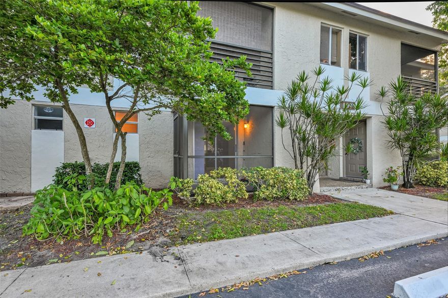 Beautiful and clean ground floor 1 bedroom 1 bath updated kitchen brand new fridge and microwave. Washer and dryer in unit. Newer AC & Hot water heater. Tile Floors Peaceful Canal & Garden view. Tons of storage Parking right in front of front door. Quiet complex with great amenities, Pool, gym, pickaball courts, walking path, bbq grills .  Great place to live come take a look.