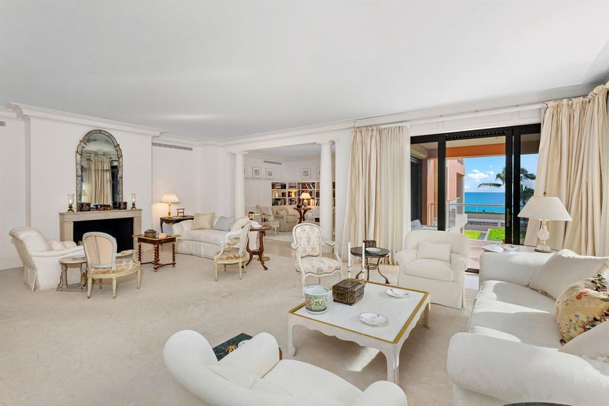 Beautiful, rare double unit in Breakers Row. Spacious apartment featuring 3BR/4.2BA, library, family room, exercise room, and fabulous poolside cabana. Gorgeous ocean and golf course views. Formal dining room with wet bar. Eat-in kitchen with butler's pantry. Primary Suite with large walk-in closet and duel baths. Oversized balconies overlook ocean. Four parking spaces and two storage spaces. Two North Breakers Row is a full service building with on-site manager, manned guard house, resort style pool area, Pilates room, and weight training room.