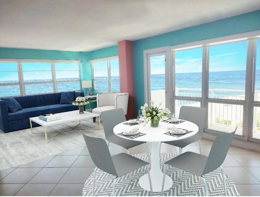 Back on the market with huge price reduction!!! SE CORNER!!! DIRECT OCEAN-VIEW! AMAZING CORNER UNIT! KITCHEN HAS BEEN OPENED PARTLY, TO ALLOW THE VIEW AS YOU ENTER. HUGE MASTER BEDROOM, 2 FULL BATH, HUGE STORAGE CLOSET, PLUS WALK IN IN MASTER. BATHROOMS ARE NICELY UPDATED, TILE THROUGH OUT. GARAGE PARKING. BUILDING IS IN THE HEART OF POMPANO BEACH, NEXT TO FISHING PIER, RESTAURANTS, LIVE MUSIC, WIDE SANDY BEACH RIGHT OUTSIDE, 24/7 FRONT DESK. SMALL PET ALLOWED.BEST LOCATION ON THE BEACH! MOTIVATED SELLER One or more picture is virtually enhanced.